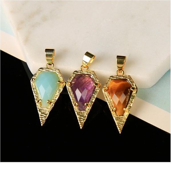 

1pc natural gemstone crystal mineral pendant gold metal tapered color rose quartz obsidian amethyst home holiday party jllwoa, Black