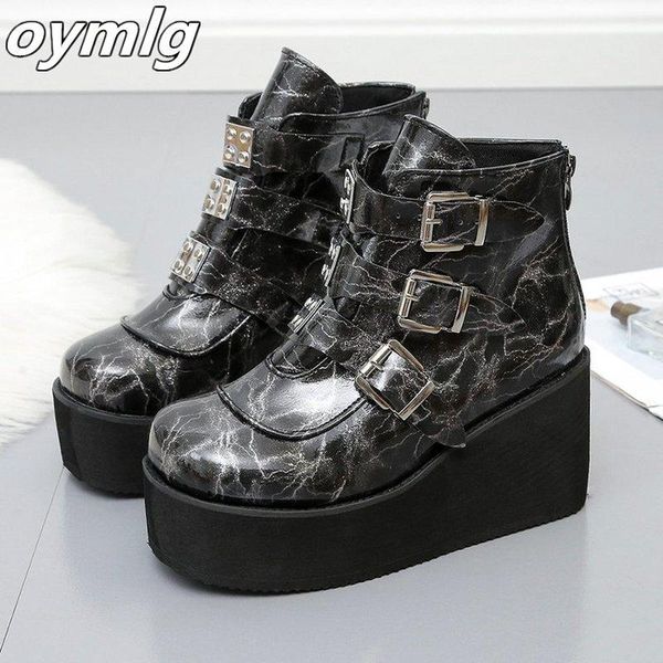

boots 2021 winter metal buckle ankel women punk female platform wedges high heels pu botas mujer plus size, Black