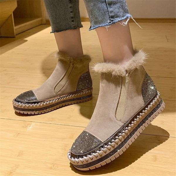 

high-shoes women's 2020 winter new large size thick-soled rhinestone women's casual loafers plus velvet warm boots, Black