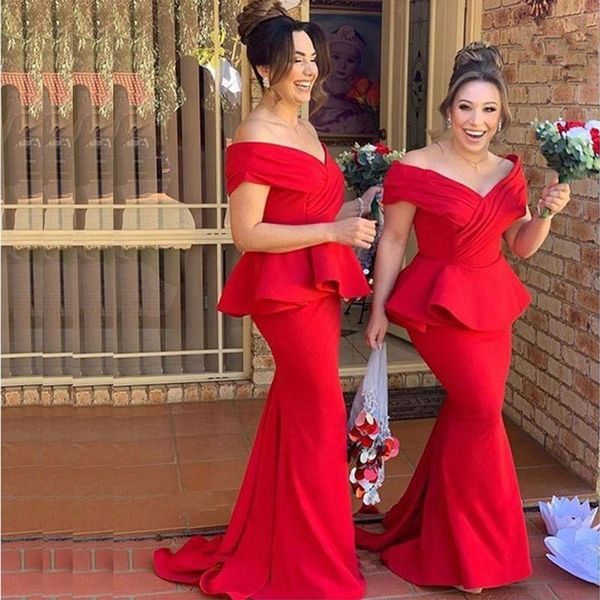 

red off the shoulder mermaid bridesmaid dresses with pepule long satin maid of honor dress formal party dresses vestidos de p24, White;pink