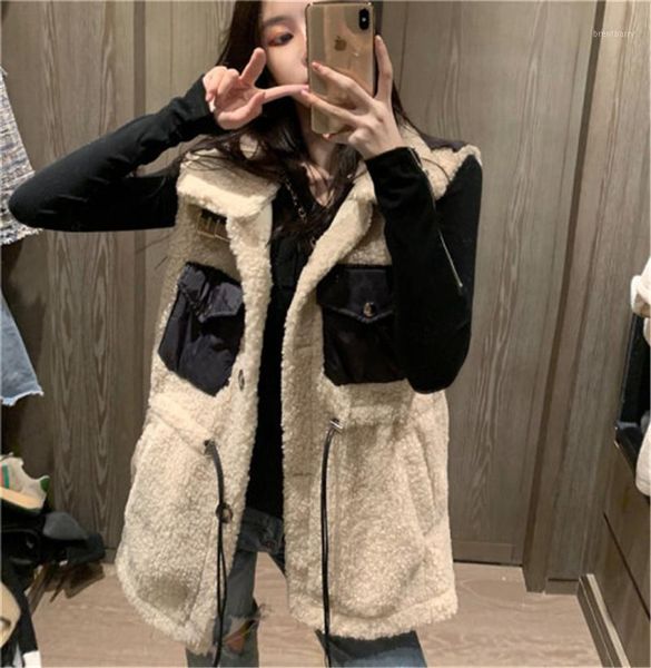 

new wool waistcoat women fashion color blocking pocket tunic lace-up lamb wool vest women casual warm gilet femme good quality1, Black;white