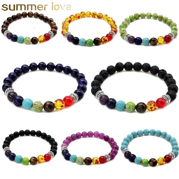 

natural stone tiger eye 7 chakra bracelets bangles yoga balance beads buddha prayer elastic bracelet men women jewelry, Black