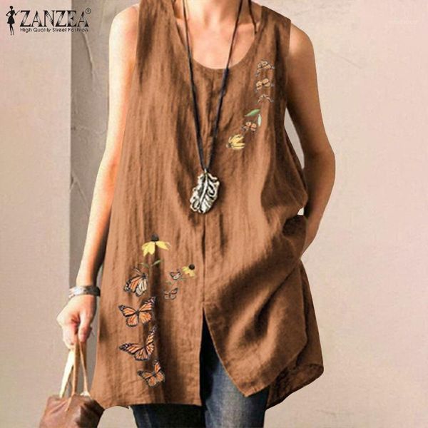 

2020 zanzea women's printed sleeveless blouse vintage summer tank casual split shirts female o neck blusas oversized tunic1, White