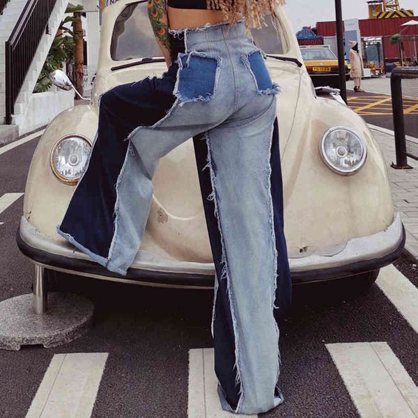 

women's jeans twotwinstyle denim patchwork trousers women high waist hit color large size wide leg pants female fashion autumn rlc7, Blue