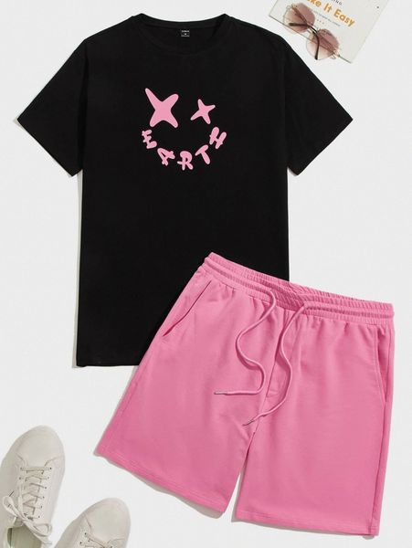 

men letter graphic tee & drawstring waist track shorts k6wd#, Gray