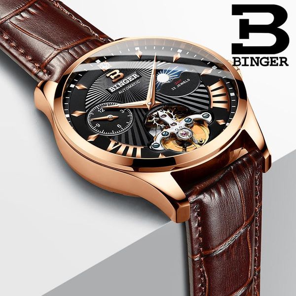 

wristwatches switzerland mechanical watch men binger watches skeleton wrist automatic clock waterproof relogio masculino 2021, Slivery;brown