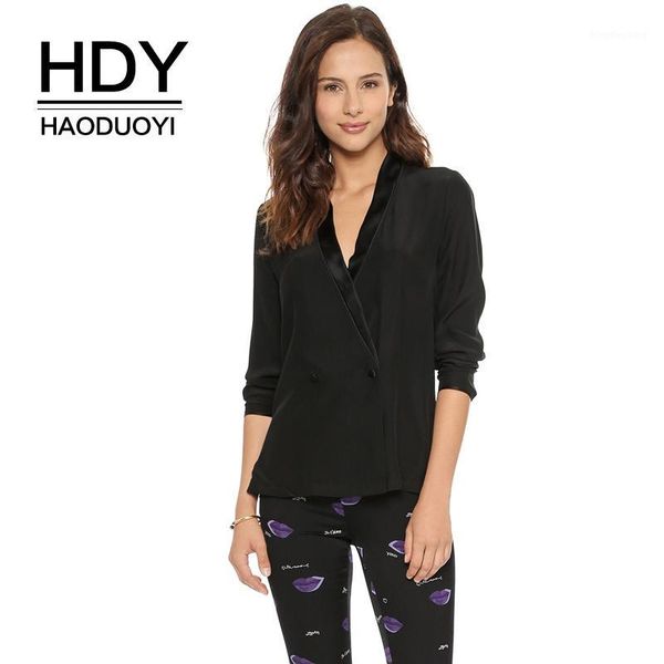 

hdy haoduoyi 2019 summer fashion street casual commute lapel deep v double-breasted light solid color women jacket suit1, White;black