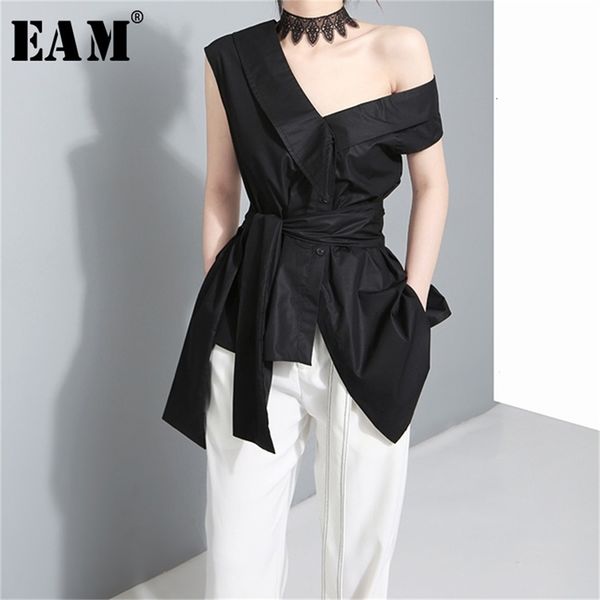 

[eam] women bandage bow asymmetrical blouse new skew collar short sleeve loose fit shirt fashion tide spring autumn lj200815, White