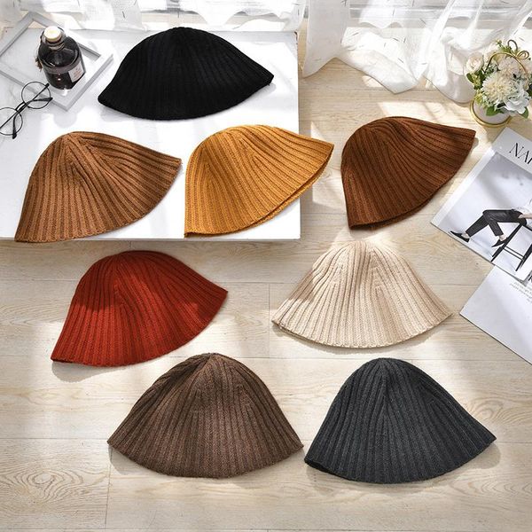 

wide brim hats casual solid color stripe wool knitted bucket hat for women autumn winter warm lambswool fisherman basin cap female beanie, Blue;gray