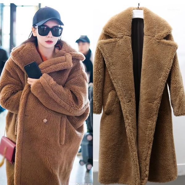 

2018 faux fur teddy coats women solid long oversize loose lambs wool female winter plus size coat street outerwear w14971, Black
