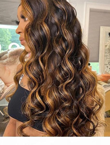 

1b 30 highlight blond brazilian body wave wig lace front wig brown blonde ombre human hair wig 150 density remy wigs, Black;brown