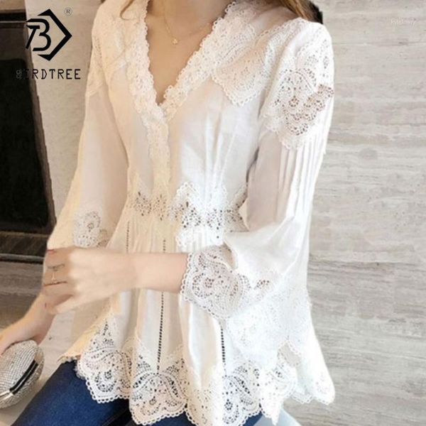 

2020 autumn new arrival women sweet ruffles v-neck fashion lace shirt patchwork hollow out women blouses casual t80202l1, White