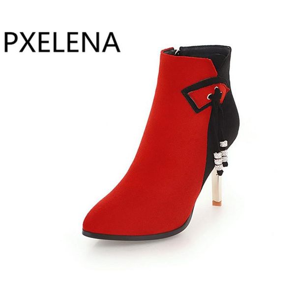 

boots pxelena elegant stiletto heels short women flock ankle lady wedding dress shoes 2021 winter, Black
