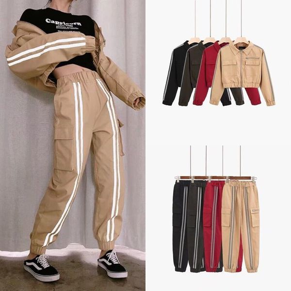 

high street style women's spring fitness suit reflective strip decoration short coat sports pants fashion, Gray