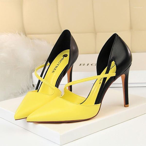 

dress shoes korean fashion sweet high heels women's shallow mouth pointed color matching hollow word belt was thin single shoes1, Black