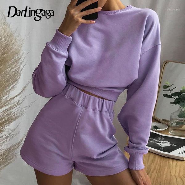 

darlingaga casual solid autumn two piece set women homewear tracksuit cropped pullover sweatshirt and shorts matching sets 1, Gray