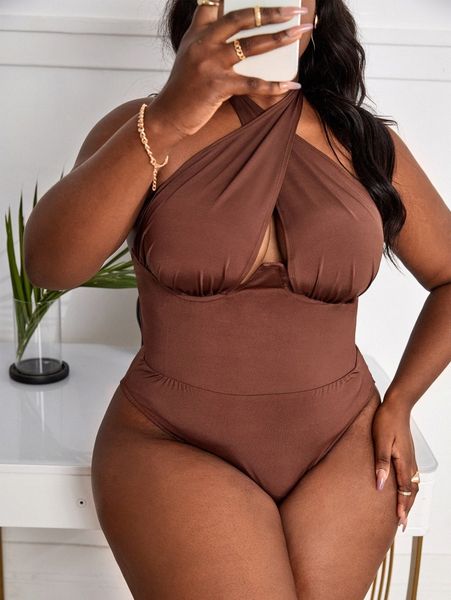 

sxy plus cross wrap tie backless halter bodysuit 788q#, Black