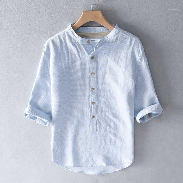 

summer new cotton and linen stand collar shirt men brand three-quarter sleeve blue shirts for men solid comfortable shirts male1, White;black
