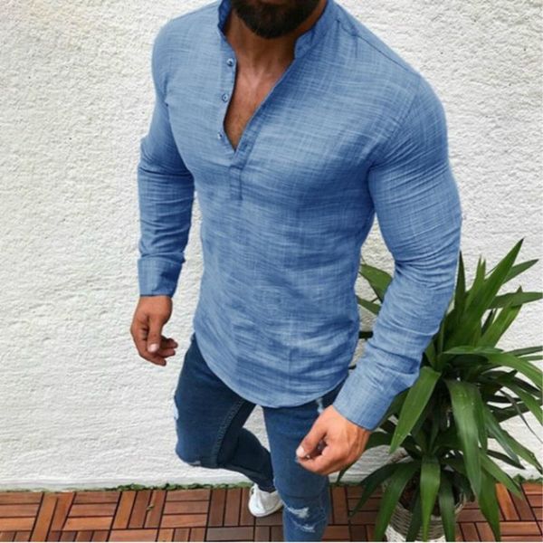 

plus size fashion mens long sleeve v neck shirt linen shirts blouse cut collar pullover male white black blue gray