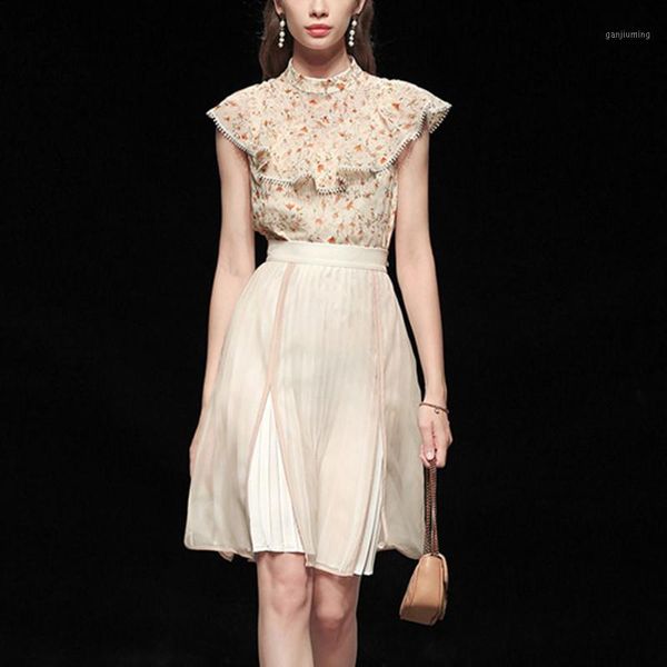 

summer new women's fashion casual two-piece set embroidered chiffon ruffled stitching print + pleated skirt two-piece sets1, White