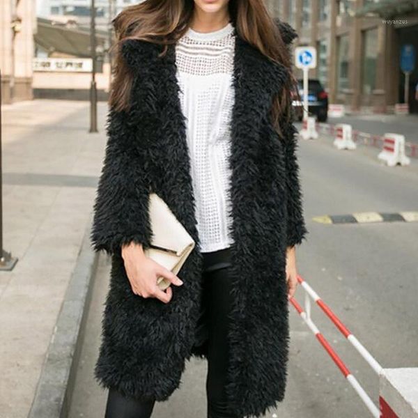 

women faux fur coat lapel plush warm autumn winter solid overcoat soft long outwear big size xxl1, Black