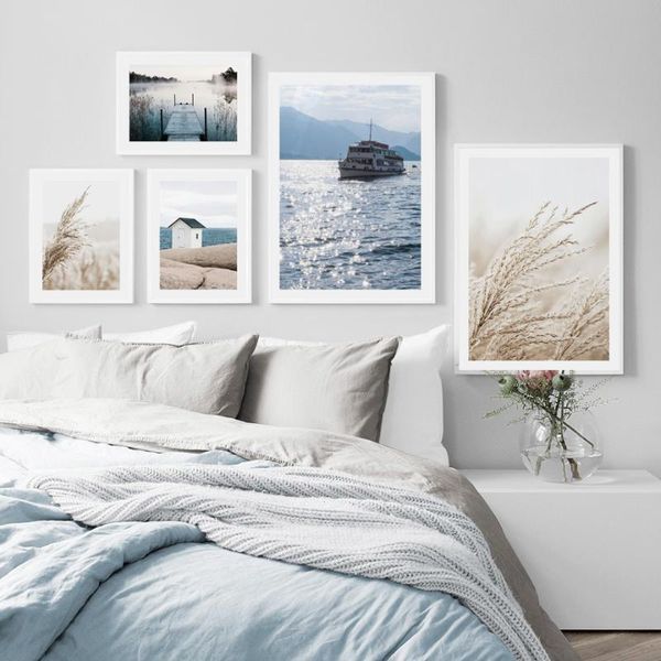 

paintings jetty morning fog beige reed calm beach boat nordic poster wall art print canvas painting decoration pictures for living room