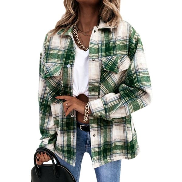 

women's jackets women vintage lattice print elegant lapel single-breasted loose shirt coat autumn winter lady casual long sleeve, Black;brown
