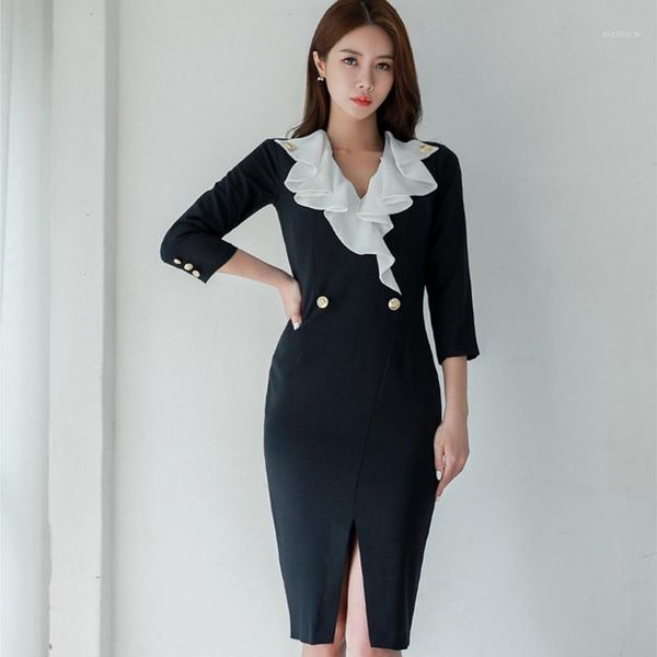 

new arrival fashion comfortable patchwork formal dress temperamental ruffles elegant vintage slim pencil dress1, Black;gray