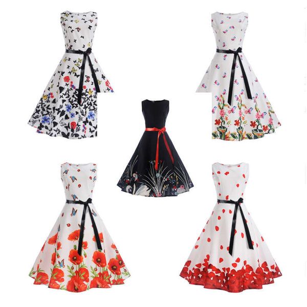 

hepburn style 50s waistband shows thin, sleeveless large swing dress with belt, Black;gray