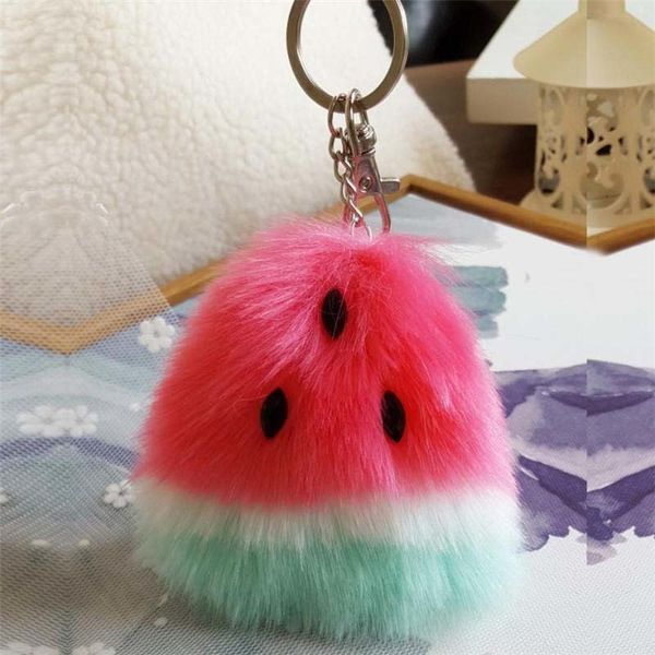 

pom soft keyring chic cute fruit charm watermelon faux fur ball keychain bag plush ring car key pendant, Silver