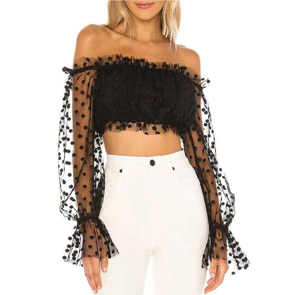 

women elegant fashion summer slim fitting blouse full length puff sleeve slash neck off-shoulder polka dot print pullover blouse, White