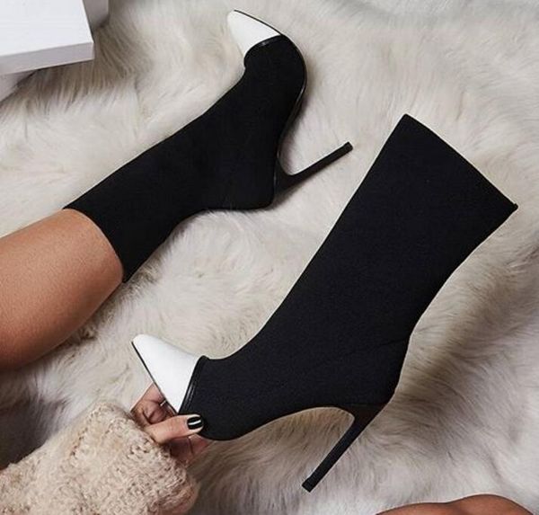 

boots arrivals black white stretch thigh pointed toe sock women patchwork slip-on autumn winter ankle