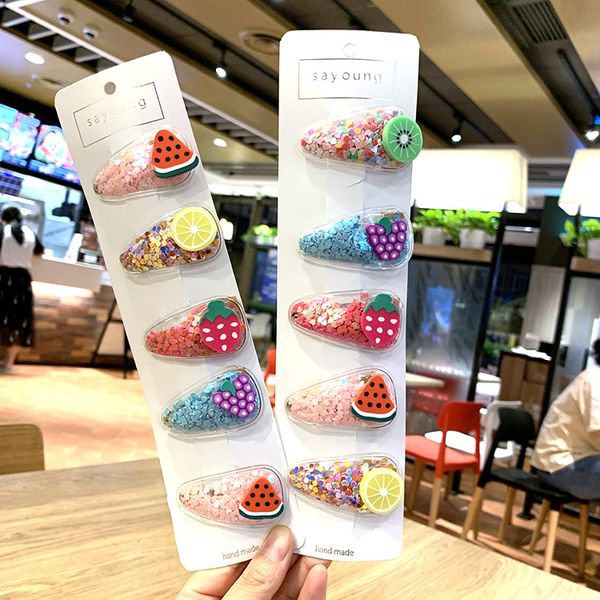 

5 pieces/set color quicksand transparent children kids fruit hairpin pvc side clip baby bb clip bobby pin barrette hair accessories cz120503, Slivery;white