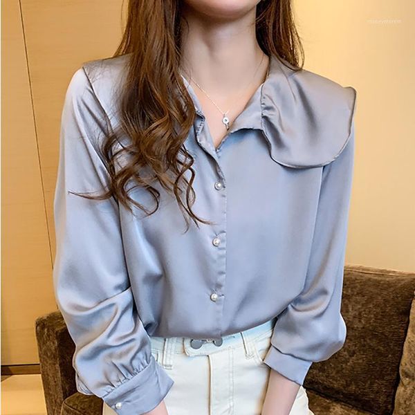 

women's blouses & shirts ruffled satin chiffon blouse button shirt women autumn 2021 casual blue womens long sleeve woman clothes1, White