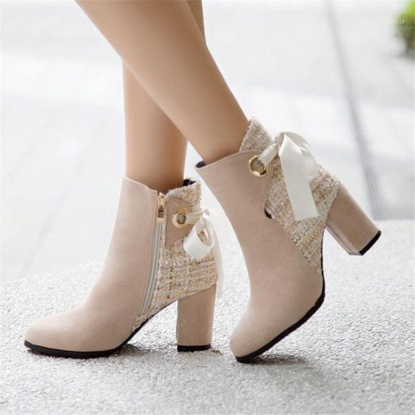 

boots pxelena 2021 koean autumn ankle faux suede chunky block high heels office lady party dress daily shoes plus size 34-431, Black