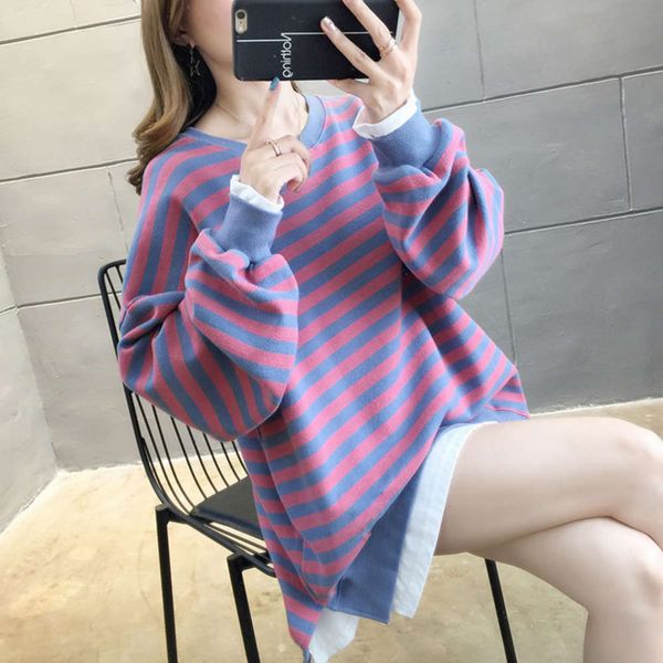 

fire spring 2021 ~ super new stripe cec sweater loose korean fake two piece women's coat, Black