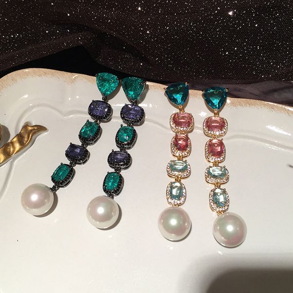 

long dangling earrings fashion luxury designer crystal stone rhinestone daimond pearl chandelier woman earrings copper silver post