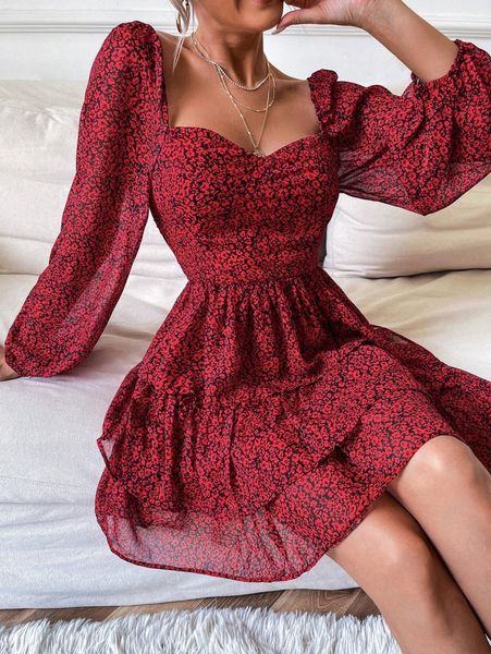 

ditsy floral lantern sleeve sweetheart neck layer hem chiffon dress 32jc#, Black;gray