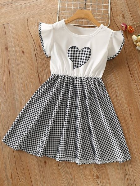 

girls gingham and heart print butterfly sleeve dress she, Red;yellow
