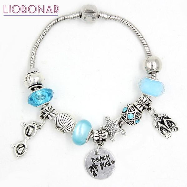 

charm bracelets 6pcs sealife ocean beach style flip flop sun glasses girl european bead bracelet for women jewelry bijoux pulsera, Golden;silver
