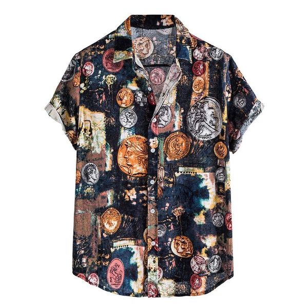 

summer pure cotton mens hawaiian dress shirt loose printed short sleeve big us size hawaii flower men beach floral shirts #3, White;black