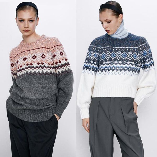 

2020 geometric print knit sweater women pullover multi style round collar autumn winter jacquard fashion retro knit dress1, White;black