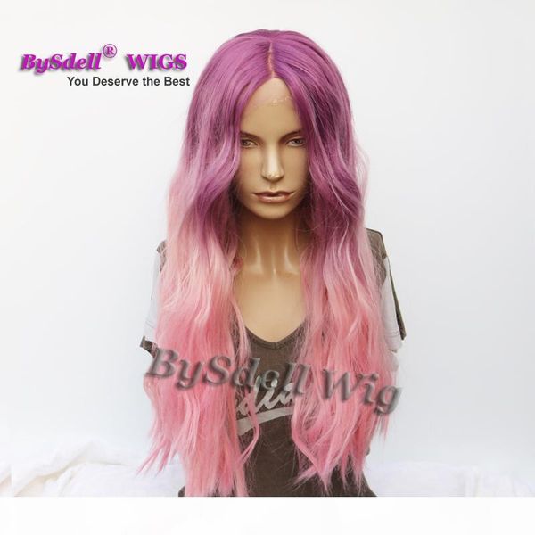 

beauty ombre two tone color synthetic grape purple ombre pink purple color wig long wavy lace front full lace full hand tied wig, Black