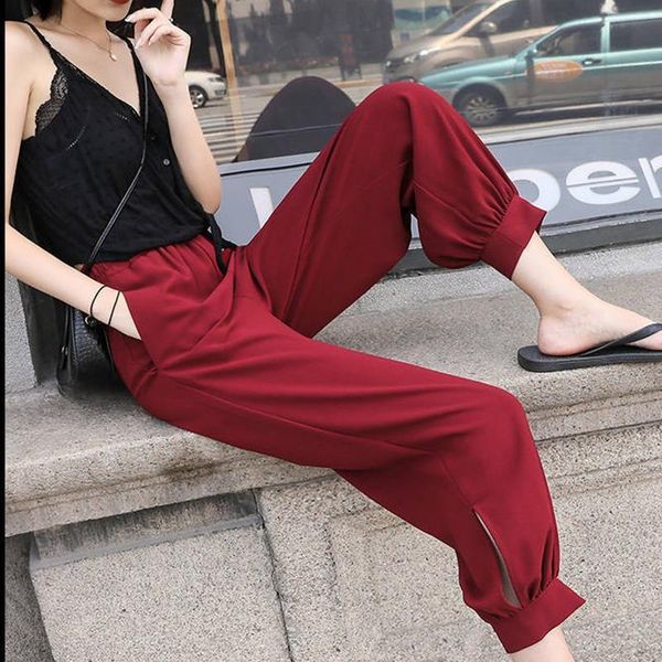 

lady summer wide leg bloomers pants women solid fashion side hole breath loose pant female casual red black jogger pants, Black;white