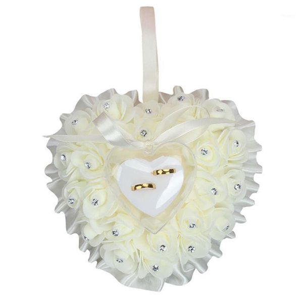 

new romantic heart shape pillow ring with simulation foam flower wedding jewelry gift box wedding party supplies1