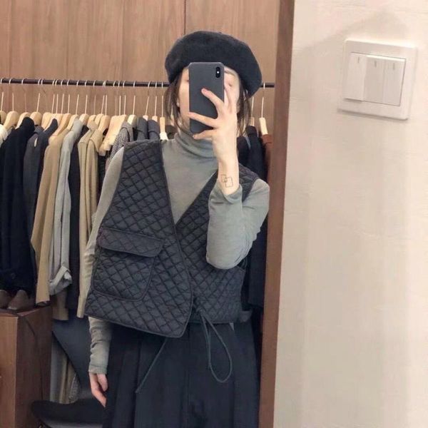 

2021 new rhombus lace-up vest loose versatile vest coat female korean temperament name warm outer wear1, Black;white