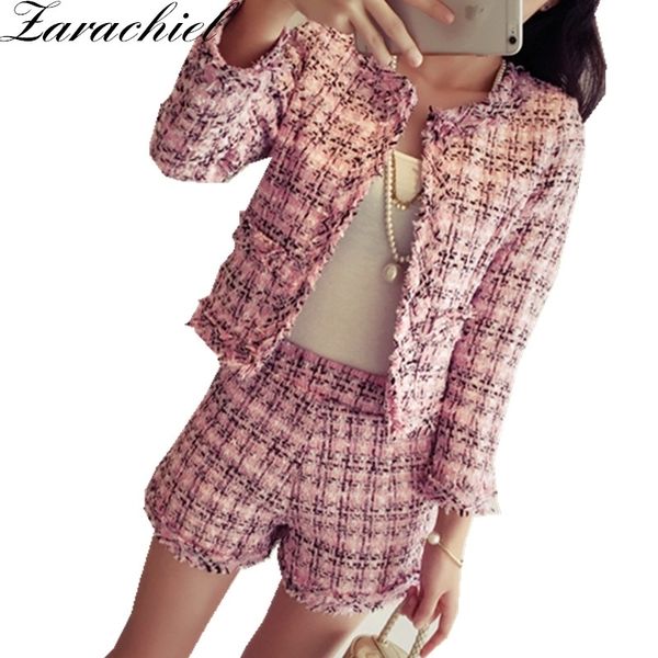 

zarachiel autumn winter tweed 2 piece set women slim plaid short set fashion fringed trim jacket coat + tassels short suit 201106, Black;brown
