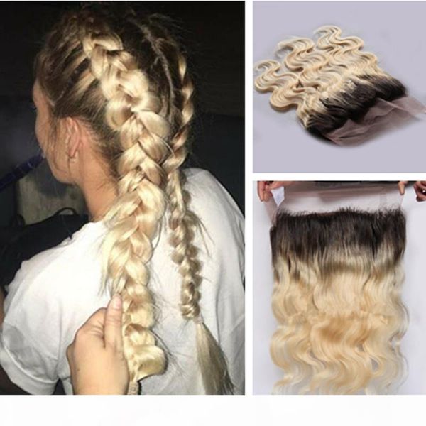 

8a ombre blonde human hair 360 lace band frontal with adjustable strap 22.5x4x2'' two tone 1b 613 blonde body wave lace frontal, Black;brown
