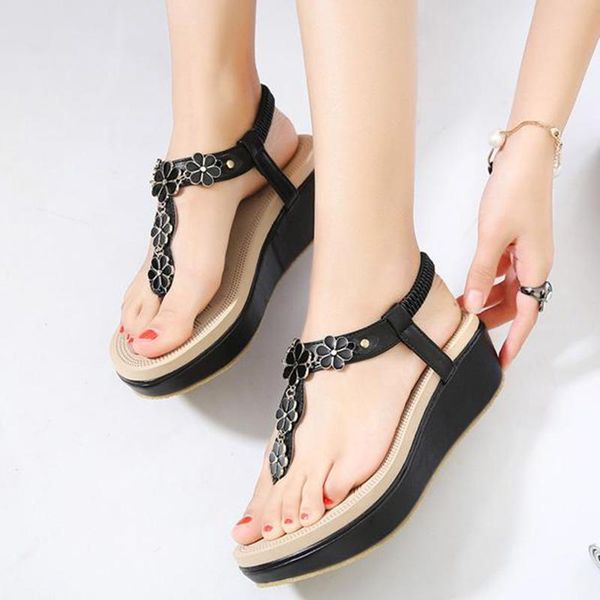 

women buckle flip flops beach sandals casual soft ladies shoe size 35-42 ladies ethnic bohemian flat sandals, Black