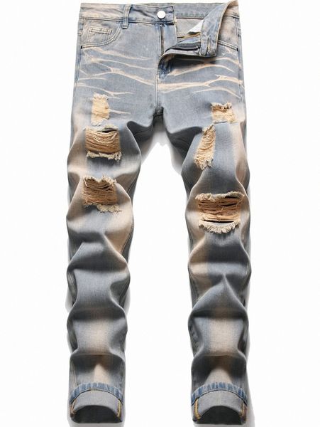 

men bleach wash ripped frayed jeans 84ir#, Blue